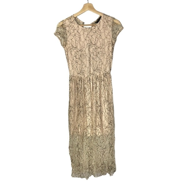 Zara Beige & Black Lace Short Sleeve Midi Dress S - Picture 1 of 4